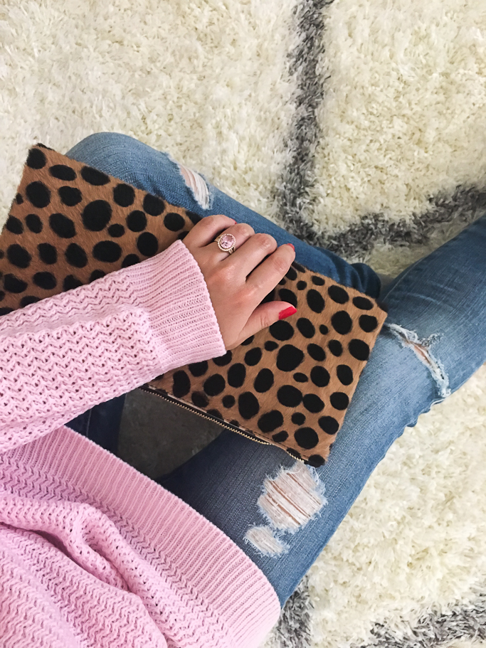 AG distressed super skinny jeans, Clare V leopard foldover clutch, Goodnight Macaroon Arielle Pink Crewneck Classic Knit Sweater, Pink gemstone ring