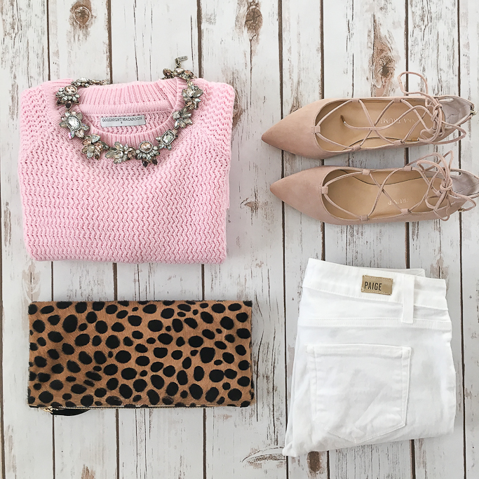 Baublebar Flora Collar, Clare V leopard foldover clutch, Goodnight Macaroon Arielle Pink Crewneck Classic Knit Sweater, Ivanka Trump Tropica ghillie lace up flats, Paige denim verdugo white cropped jeans