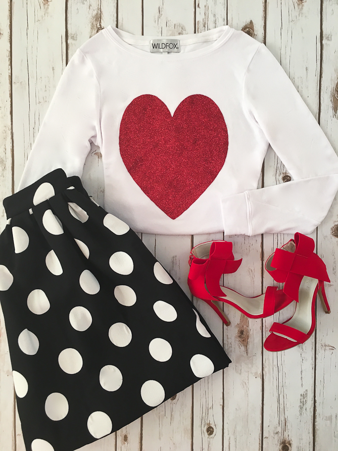 Polka Dot skirt, Red bow Sandals, Wildfox Sparkle Heart Sweatshirt