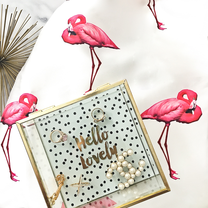 Chicwish flamingo midi skirt, Hello Lovely jewelry box, Lulu & Georgia gold urchin, Mason pave ring