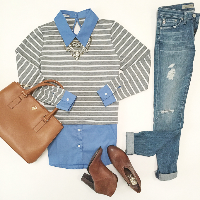 AG distressed super skinny jeans, Baublebar Crystal Grendel Bib, Goodnight Macaroon Sylive stripe double layered shirt, Tory Burch mini Robinsin tote, Vince Camuto Franell western booties