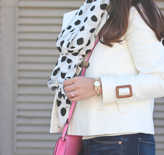 20mm watch, Ann Taylor petite cropped trench coat, Casual Spring Outfit, Kate Spade lottie pumps, kate spade new york 'cedar street - cali' leather clutch, kate spade new york 'rosy paint' dot scarf, kate spade new york 'tiny metro - bow' leather strap watch
