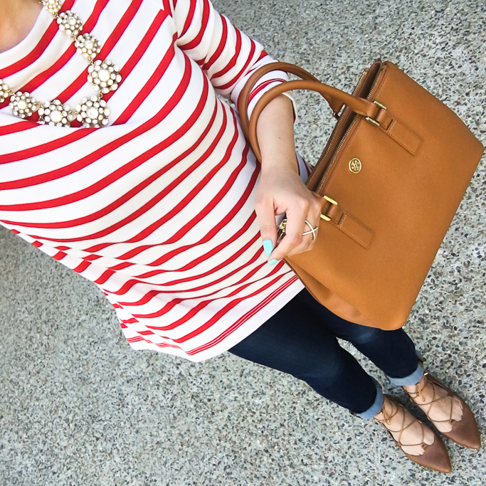 Halogen Owen Pointy Toe Ghillie Flat, Ily Couture juliet necklace, Kate Spade New York stripe cotton tee, Mason pave ring, petite jeans, Tory Burch mini Robinsin tote