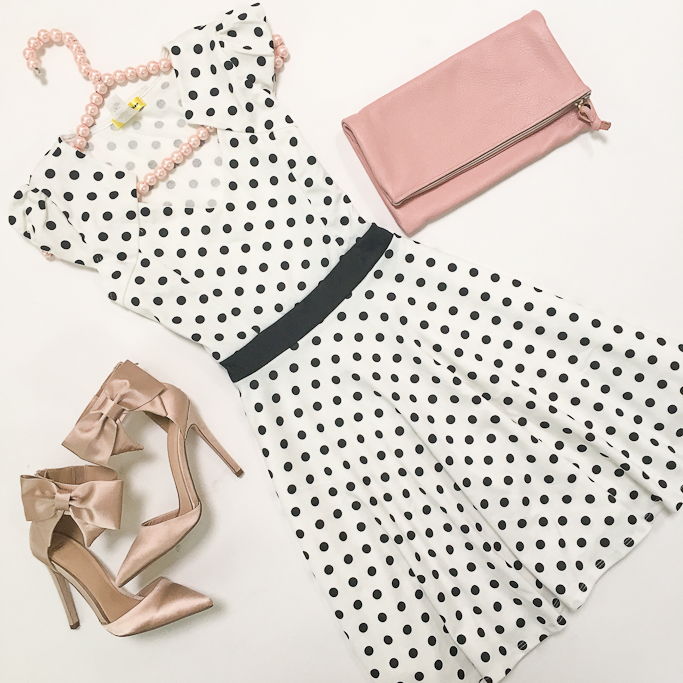 ASOS blush bow heels pumps, Blush leather foldover clutch, Modcloth polka dot dress, pearl hanger