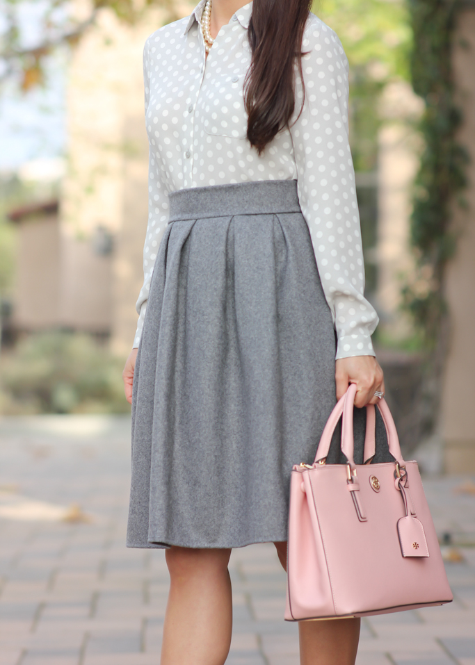 Grey pleated skirt Loft polka dot blouse Tory Burch mini robinson in rose
