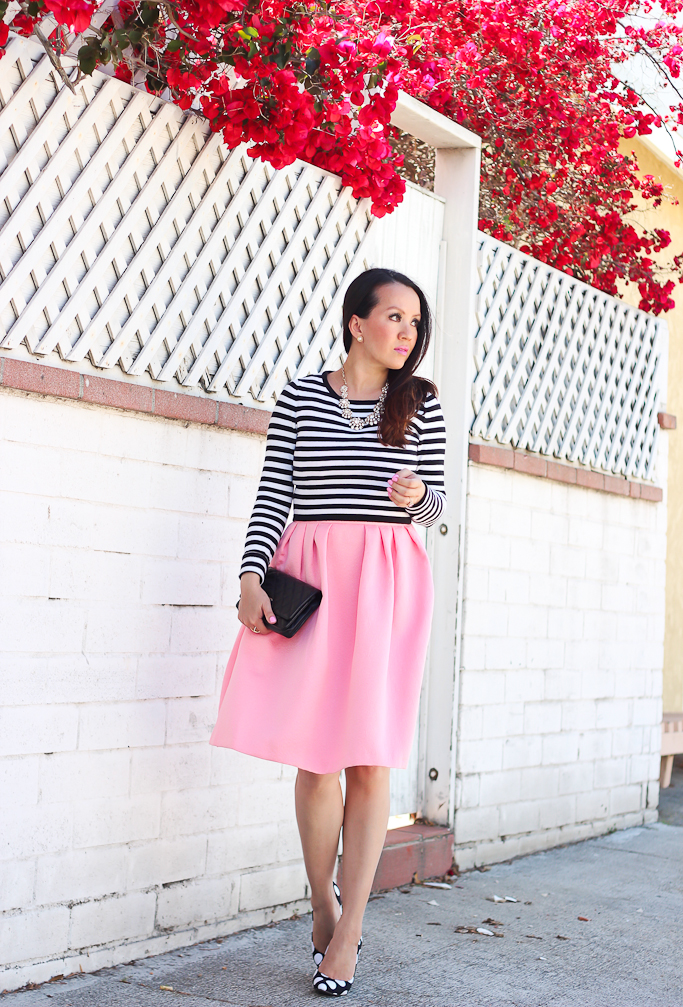 Betsey Johnson pink fit and flare dress, Chanel wallet on chain WOC, Charles David Pact polka dot pumps, Ily Couture juliet necklace, Striped cropped sweater