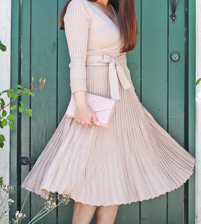 Baublebar Mason pave ring, Chicwish nude pleated dress*, Embrace a Lithe Knitted Dress in Nude, Kate Spade bow watch, Sole Society scalloped sandals, YSL saint laurent blush wallet on chain clutch*