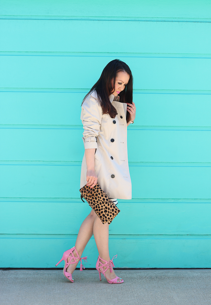 Burberry Brit Marystow Trench Coat, Clare V leopard foldover clutch, Sam Edelman 'Azela' Tasseled Lace-Up Sandal, Spring outfit, striped long sleeve dress