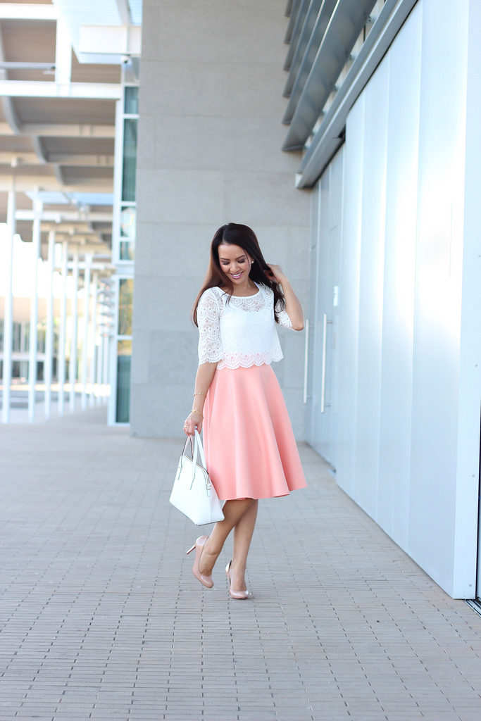 Peach flare skirt and cropped lace top kate spade cedar street maise louboutin simple nude pumps