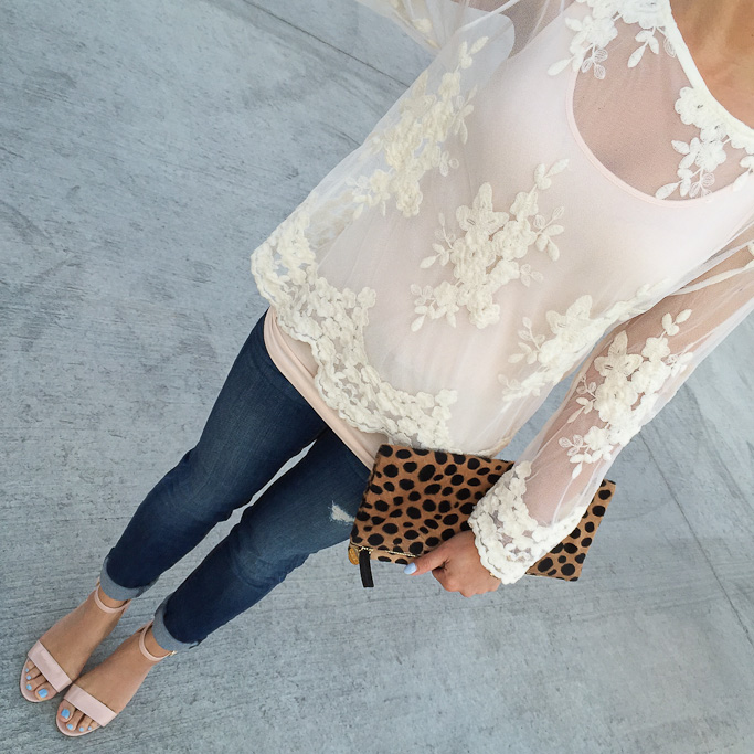 Lace embroidered top petite jeans blush sandals leopard clutch