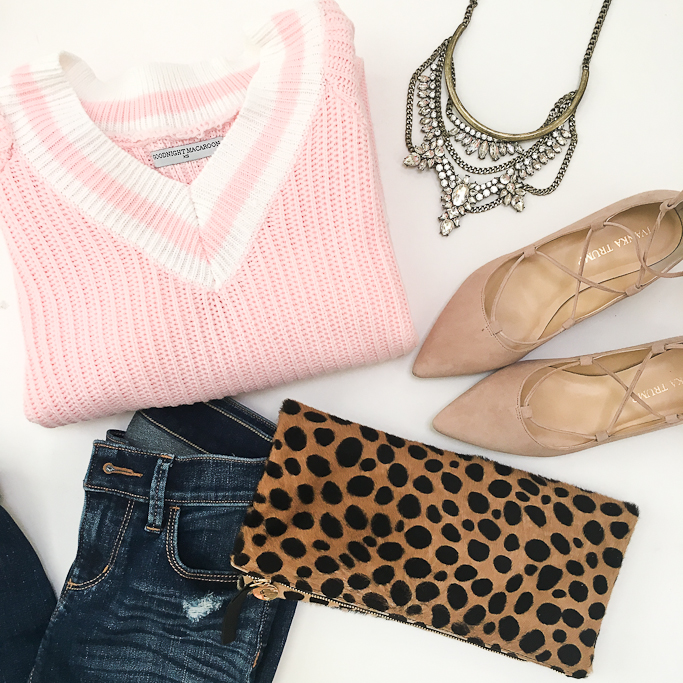 Cecile pink striped v-neck sweater clare v leoaprd foldover clutch petite jeans blush lace up flats