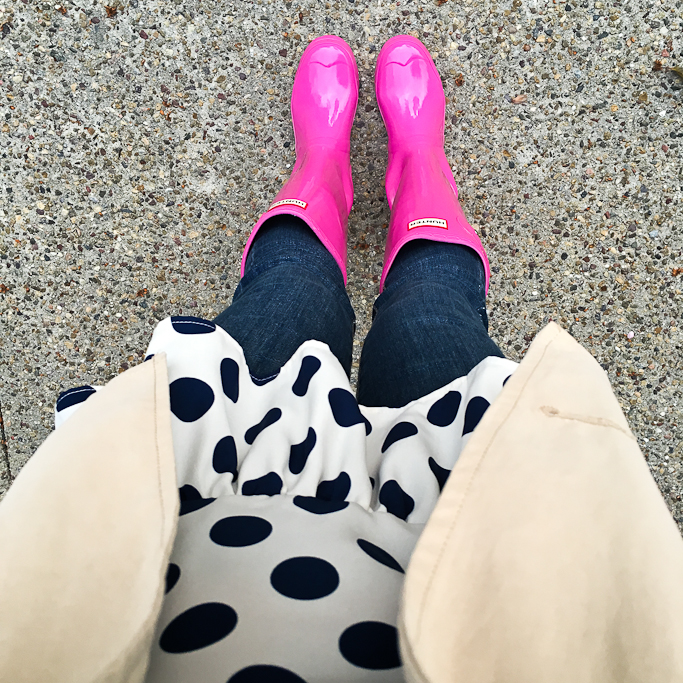 Pink Hunter boots cropped trench polka dot ruffle top