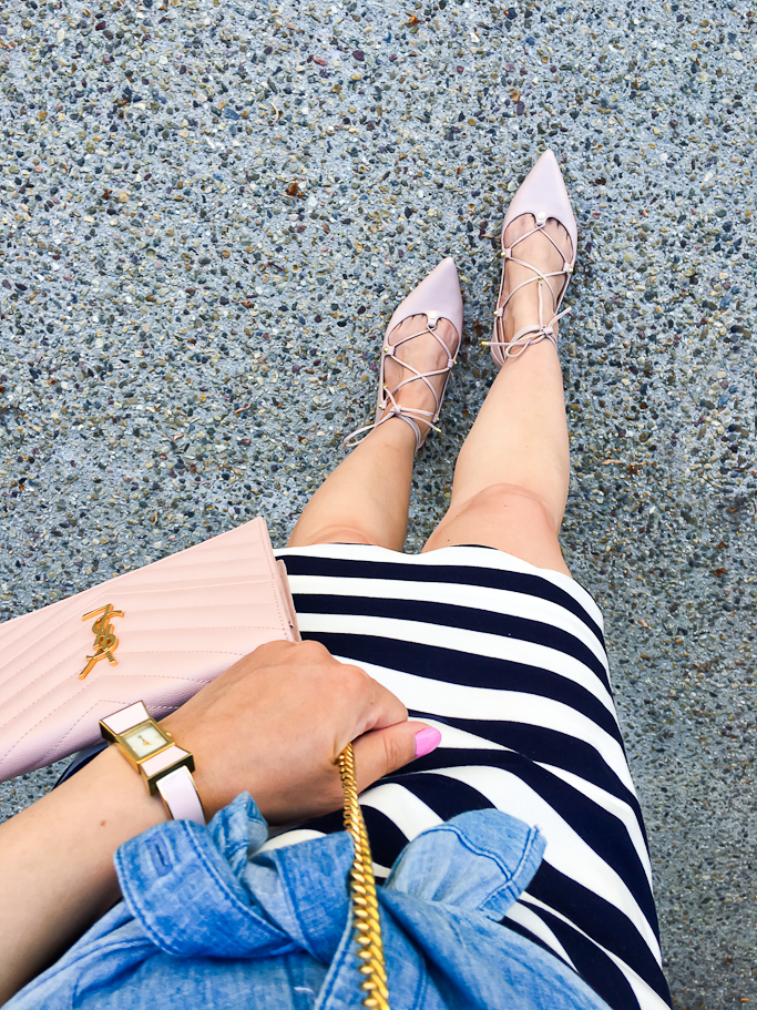 Striped scallop skirt, Blush lace up flats, YSL saint laurent blush wallet on chain clutch, Chambray shirt, Bow watch