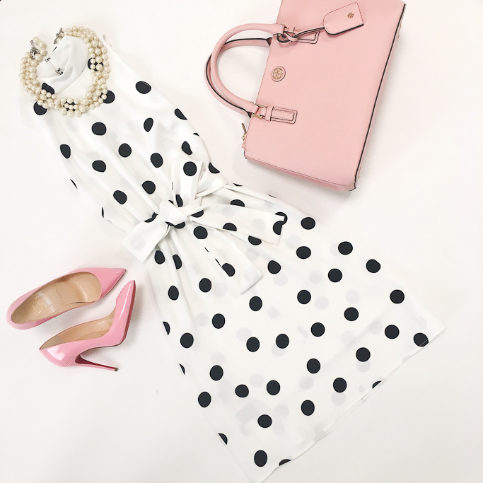 Ann Taylor Petite Belted Dot Dress, Christian Louboutin Pigalle Follies pumps, Loft faux pearl necklace, Tory Burch mini Robinsin tote in rose pink