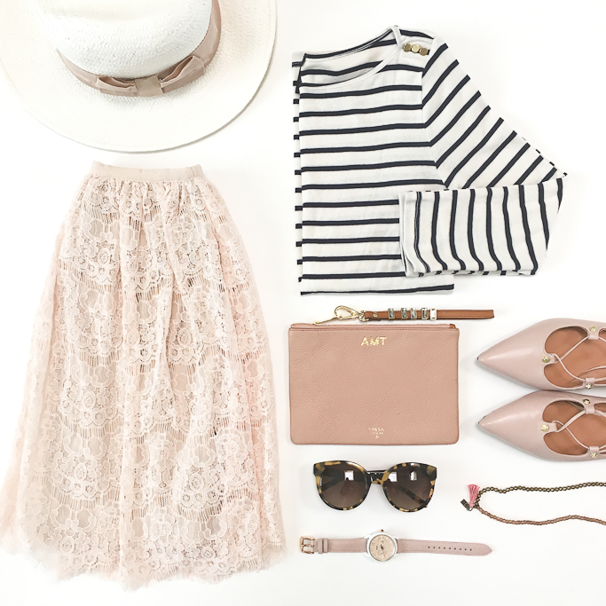 Ann Taylor striped boatneck tee, Blush lace skirt, Fossil monogram blush leather wristlet, Fossil watch, H&M panama hat, Halogen Owen Pointy Toe Ghillie Flat, striped off the shoulder dress, Tory Burch cat eye tortoise sunglasses
