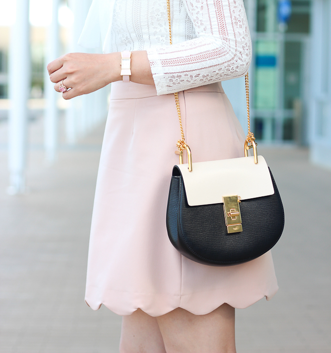 ASOS blush pink scallop skirt, BP luminate blush nude sandals, Chloe Dreew crossbody, Trendlee review, white bow blouse