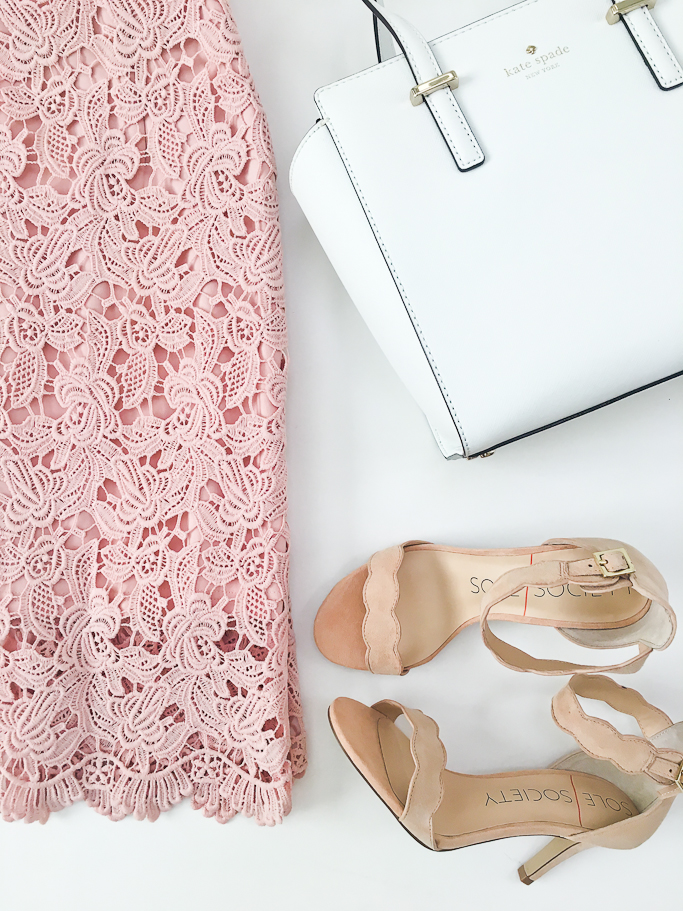 Scalloped sandals Pink crochet pencil skirt Kate Spade white purse