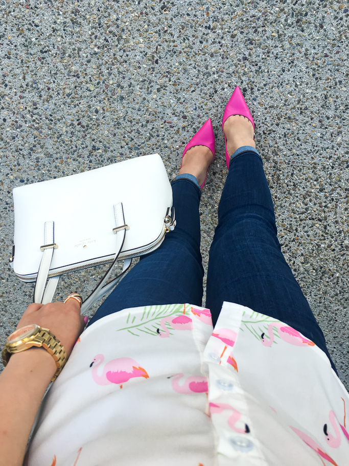 Flamingo bow blouse Kate Spade lottie pumps ann taylor modern skinny ankle jeans