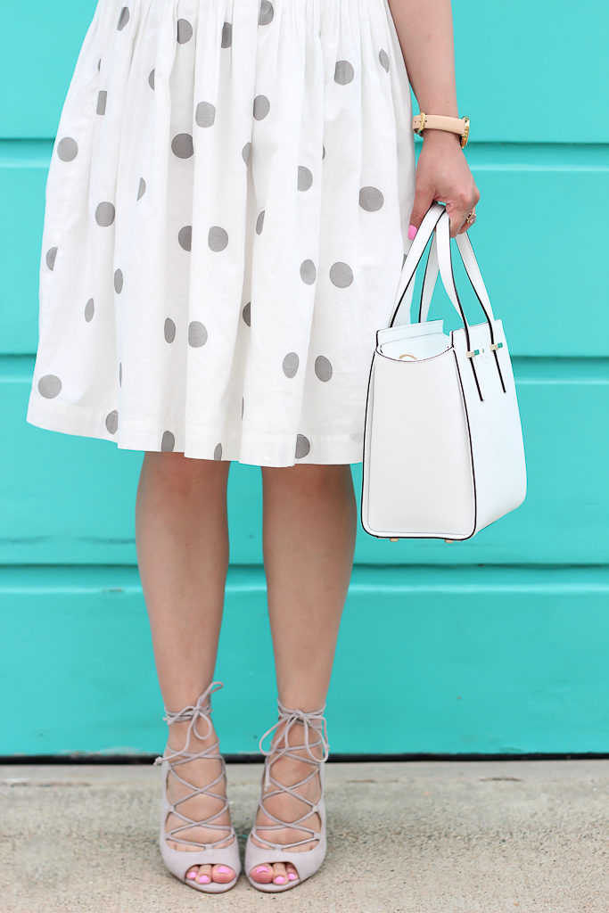 French Connection Galaxy Polka Dot Cotton Fit & Flare Dress, Kate Spade cedar street - small hayden leather satchel, Vince Camuto SANDRIA PEEP TOE GHILLIE SANDAL