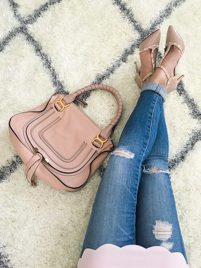 AG distressed super skinny jeans, Blush Pink scallop top, Chloe marcie small leather satchel, Halogen 'Martine' Studded T-Strap Pump