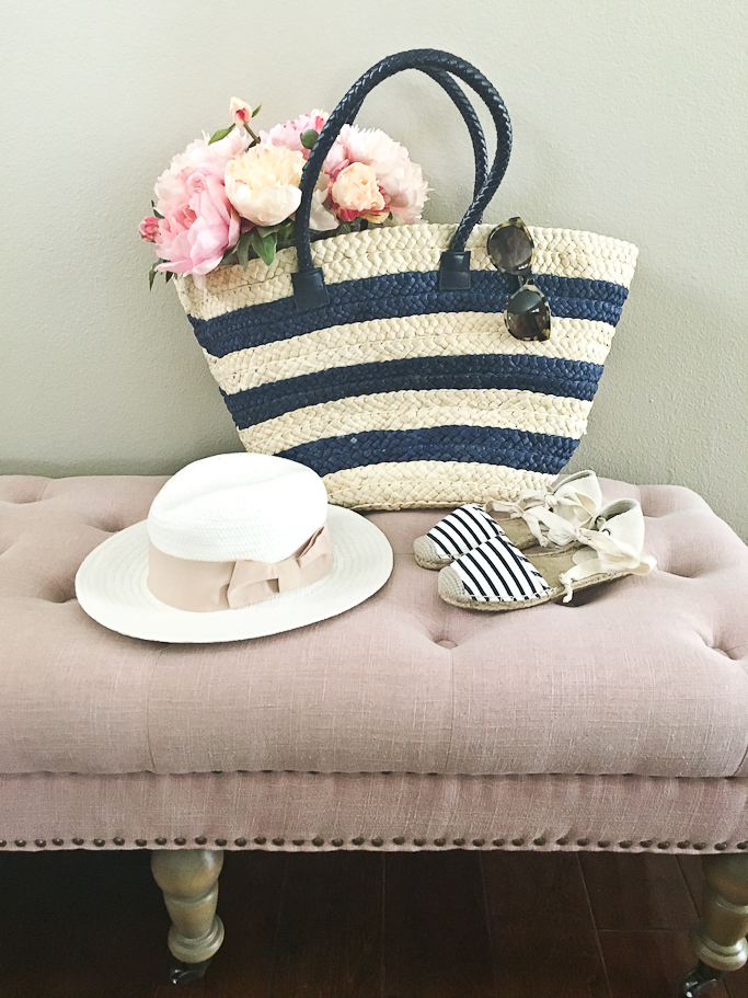 Faux peonies, Loft striped beach tote, Loft striped espadrilles, pink tufted bench, White panama hat