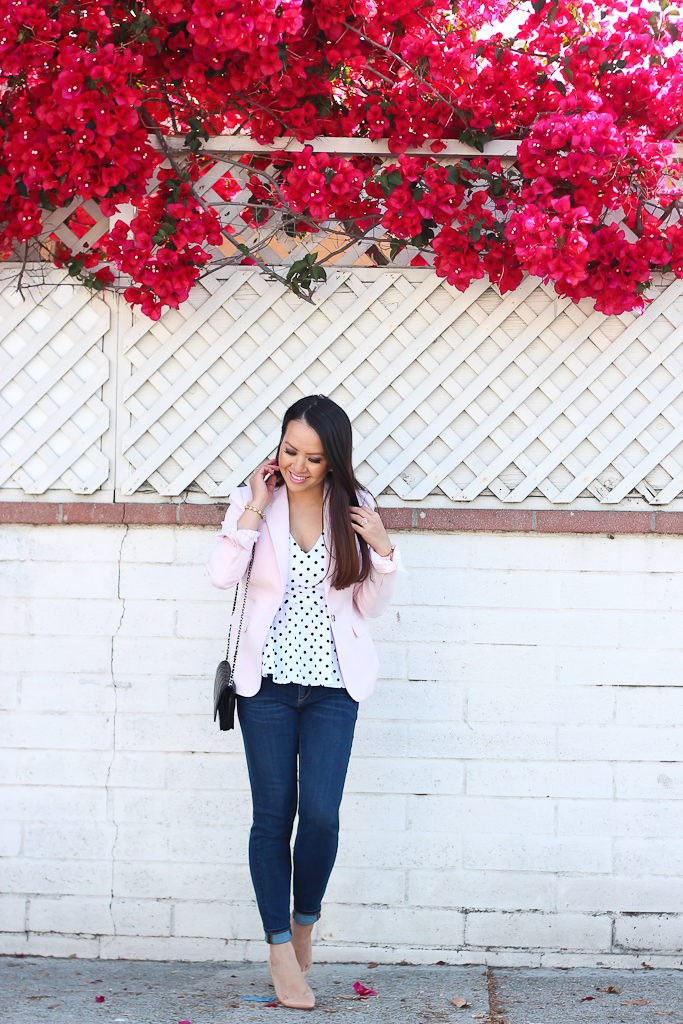 Ann Taylor modern super skinny ankle jeans, Chanel wallet on chain WOC, Kate Spade bow watch, Mason pave ring, Polka dot peplum tank, Vince Camuto One-Button Stretch Cotton Pink Blazer
