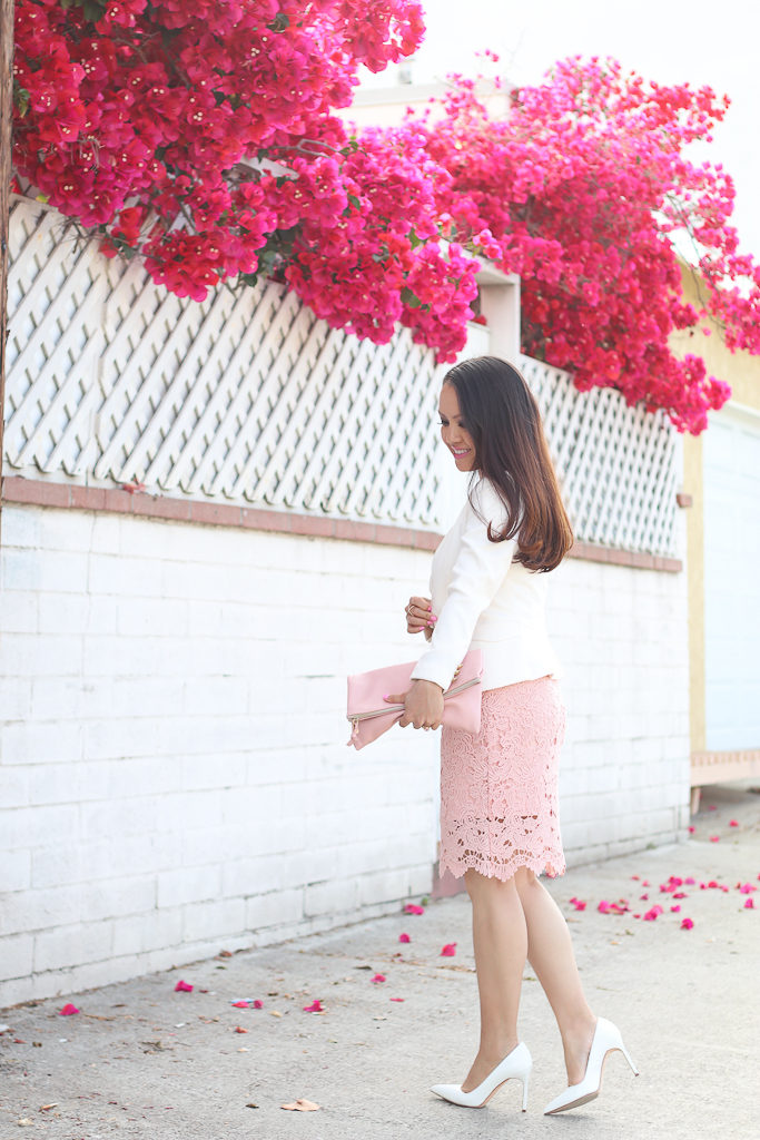 Blush leather foldover clutch, Chicwish CROCHET OF ROSE PENCIL SKIRT IN PATEL PINK, Loft pleated blouse, Manolo blahnik BB white pumps