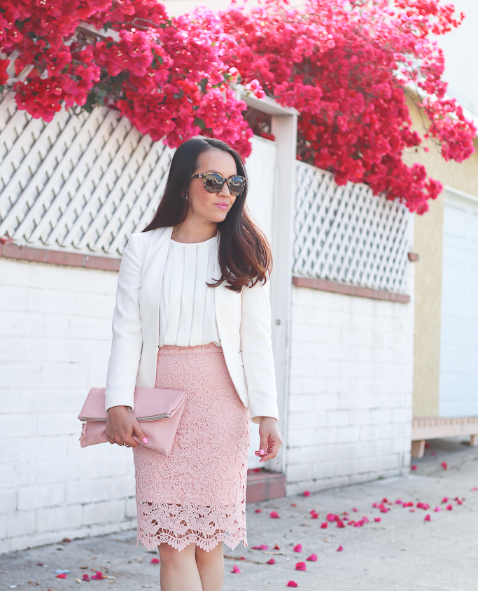 Blush leather foldover clutch, Chicwish CROCHET OF ROSE PENCIL SKIRT IN PATEL PINK, Loft pleated blouse, Manolo blahnik BB white pumps