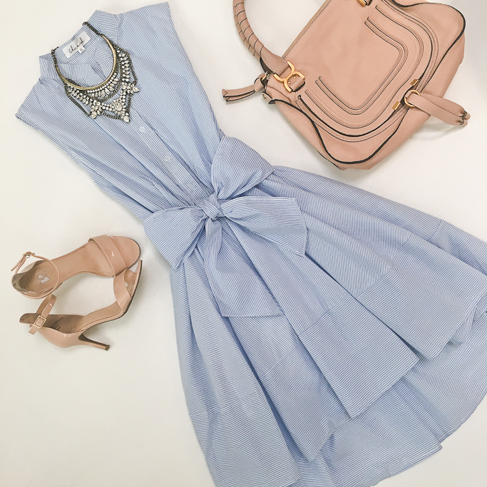 BP luminate blush nude sandals, Chicwish Summer Bliss Blue Stripes Flare Dress, Chloe marcie small leather satchel