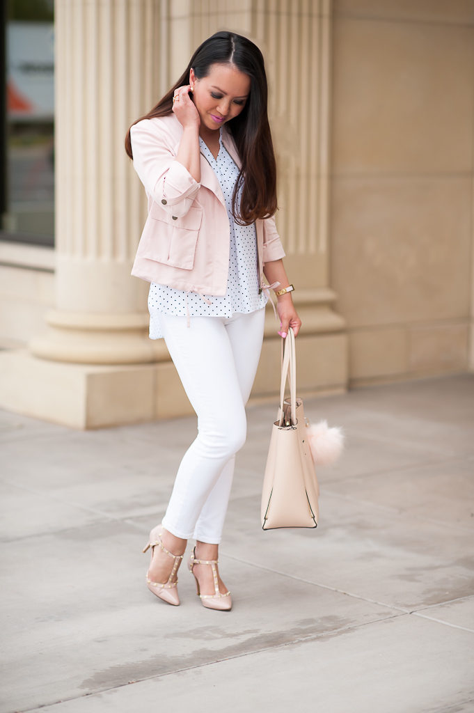 Ann Taylor signature blush tote, Kate Spade bow watch, Pom pom clip, Vince Camuto POLKA DOT PLEAT FRONT V-NECK BLOUSE