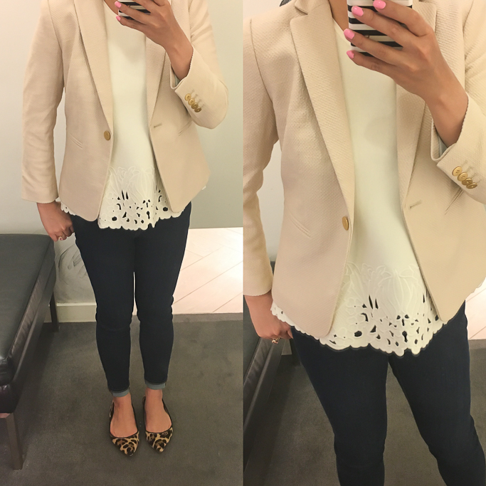 Ann Taylor textured one button blazer Embroidered floral top