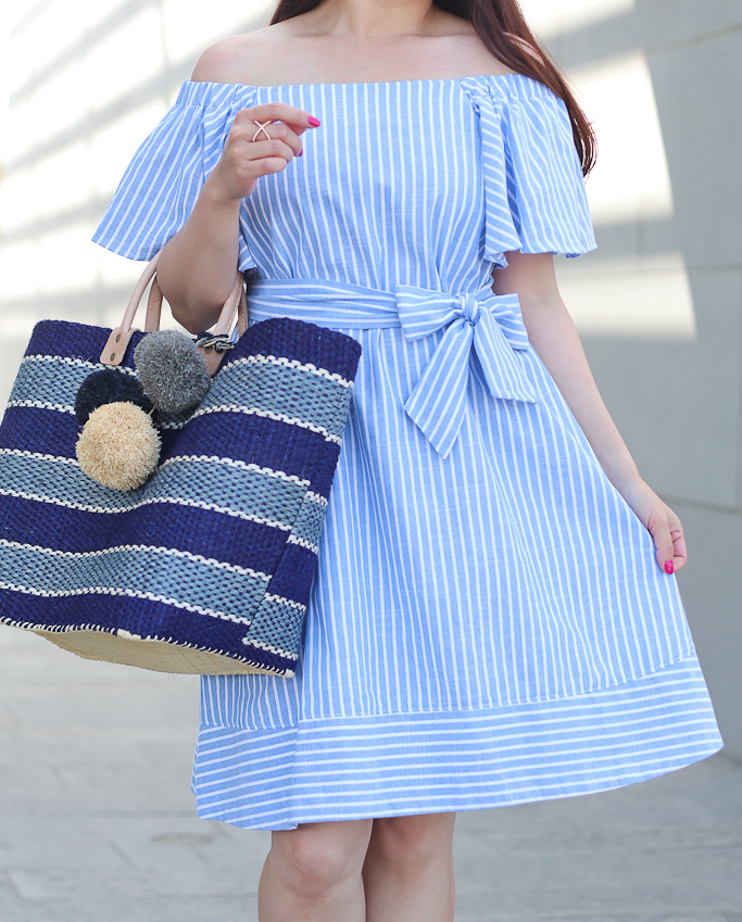 Chicwish RUFFLED IN TIME OFF-SHOULDER DRESS IN STRIPES, Mar Y Sol Capri Woven Tote with Pom Charms. fucshia ankle strap sandals, Tory Burch cat eye tortoise sunglasses
