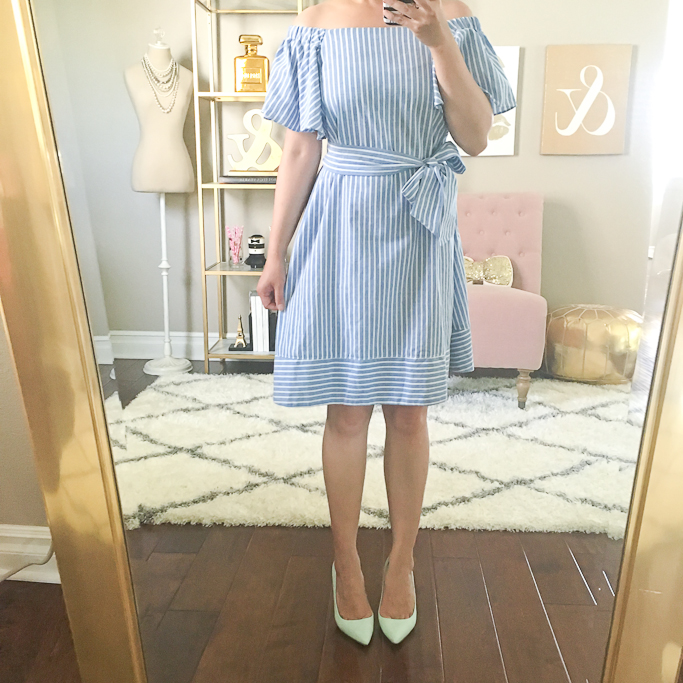Chicwish RUFFLED IN TIME OFF-SHOULDER DRESS IN STRIPES