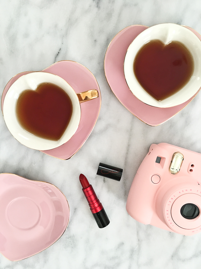Pink heart shaped tea set, mini instax pink camera