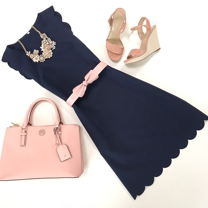 Ann Taylor Jacinda Suede Platform Wedges, Kate Spade blush pink bow belt, Modcloth VOW TO WOW NECKLACE IN CARNATION, Navy scalloped trim shift dress, Pink plaid tie waist dress, Tory Burch mini Robinsin tote