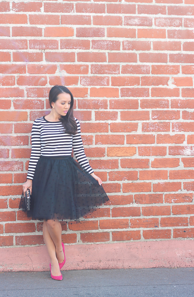 Polka Dot Tulle Skirt and Striped cropped sweater
