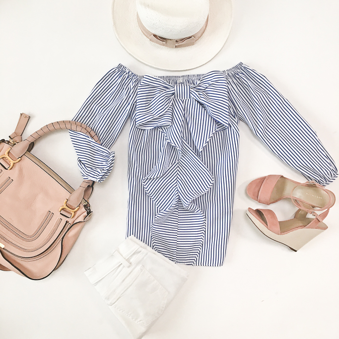 Ann Taylor Jacinda Suede Platform Wedges, Ann Taylor white modern super skinny ankle jeans, Chloe marcie small leather satchel, Striped bow off the shoulder blouse, White panama hat