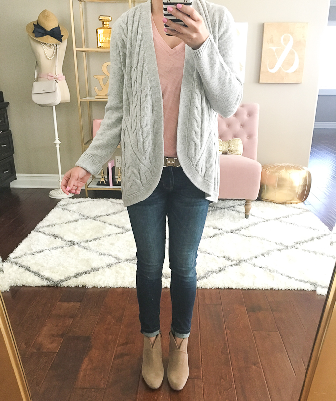 Banana Republic Indigo Skinny Ankle Jean, Madewell Whisper Cotton V-Neck Pocket Tee, Talbots Mixed Cable Cocoon Cardigan, Talbots Novelty-Buckle Reversible Belt, Vince Camuto Franell western booties