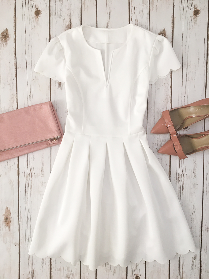 White scalloped trim dress, blush leather foldove clutch, Ann Taylor odette patent leather bow pumps