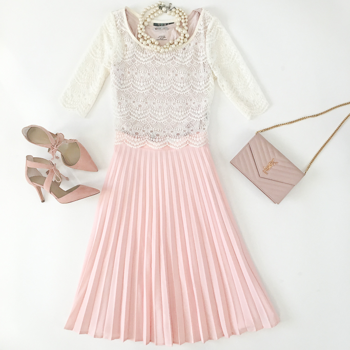 Ann Taylor CARSON TASSEL SUEDE PUMPS, faux pearl necklace, Modcloth SHOW ‘EM A GOOD TEA TIME SKIRT, Urban Outfitters cropped scalloped lace top, YSL saint laurent blush wallet on chain clutch flatlay