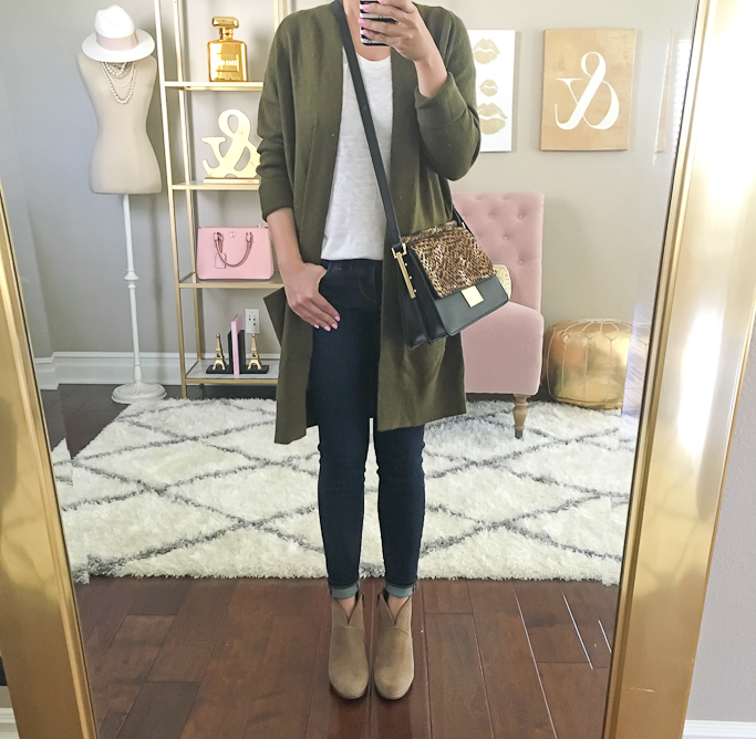 BP open front cardigan, Caslon Relaxed Slub Knit U-Neck Tee, Vince Camuto Abril shoulder leopard leather bag, Vince Camuto Franell western booties