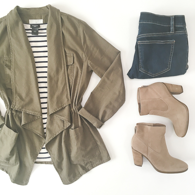 casual fall outfit, utility drape jacket and stripes 