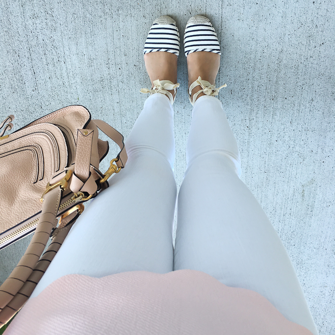 Loft striped espadrilles, Chloe marcie small leather satchel, pink scalloped top, white jeans