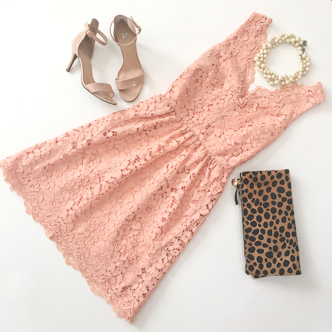 Modcloth Elegant of surprise lace dress, Leopard clutch and blush nude sandals flatlay
