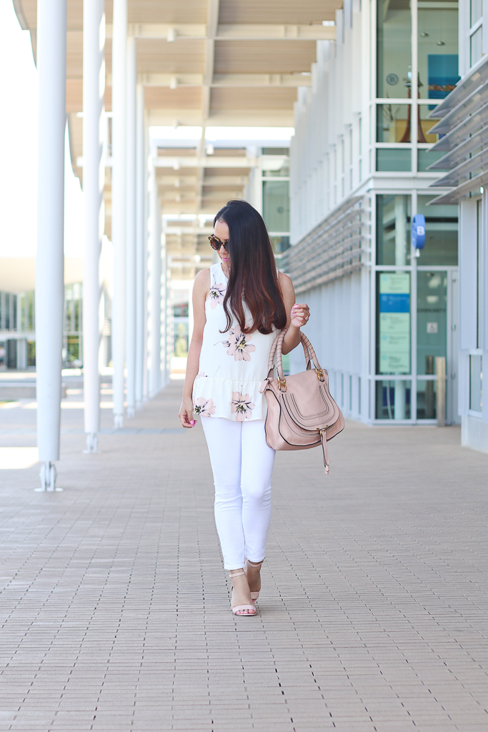 BP luminate blush nude sandals, Chloe marcie small leather satchel, Modcloth PETAL MAY CARE TOP IN IVORY, Petite white jeans, Topshop petite Molly blush blazer