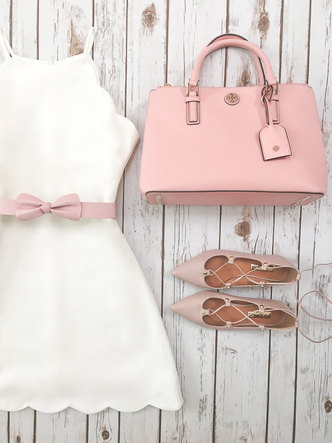 White Scallop Trim Dress Pink Bow Belt Blush Lace up flats