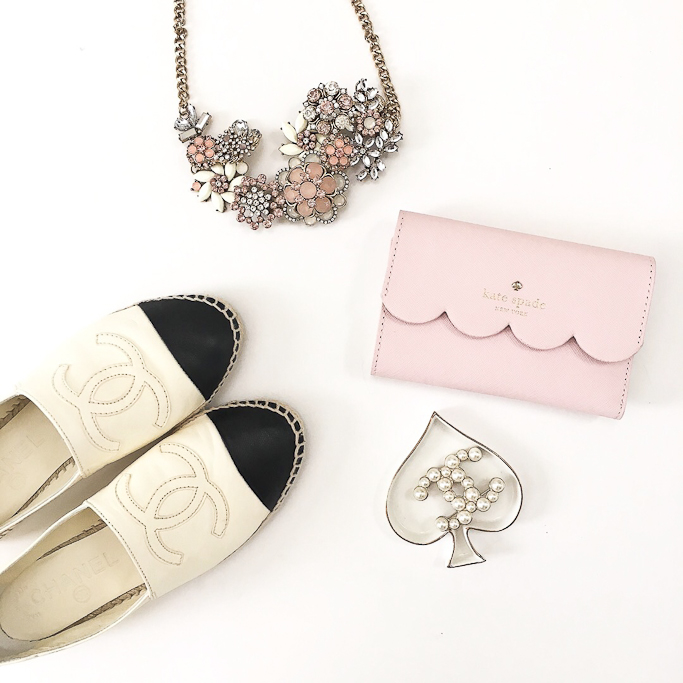 Chanel espadrilles, Kate Spade lily Kieran scalloped pink wallet, Modcloth Glam on Rye Necklace, Spade trinket dish Chanel pearl brooch