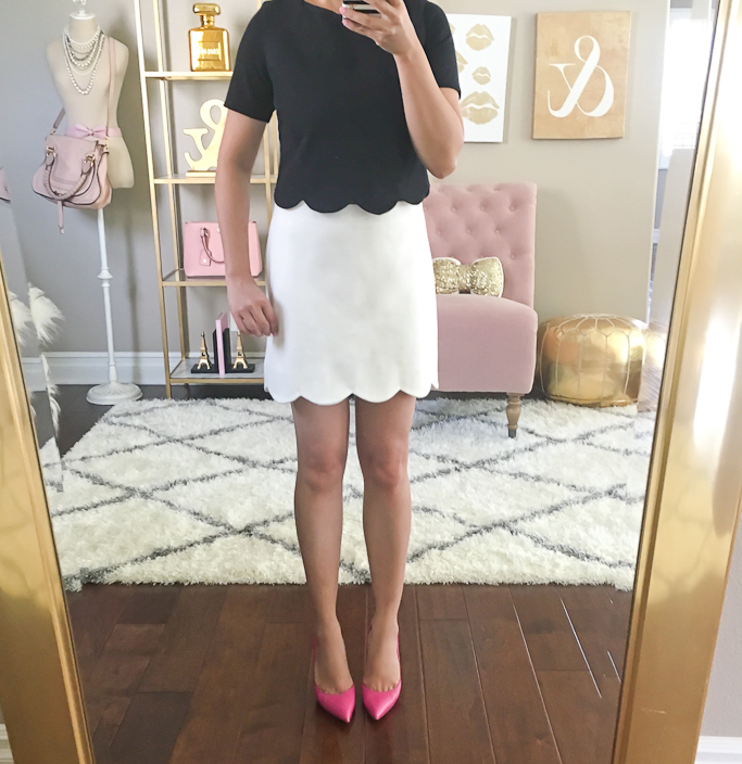 Kate Spade lottie pink pumps, Black scalloped top, Topshop scalloped white skirt