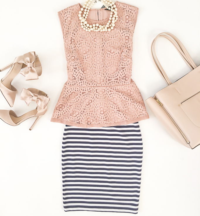 Striped skirt, Ann Taylor lace peplum top, Ann Taylor signature blush tote, ASOS blush bow heels pumps flatlay-3