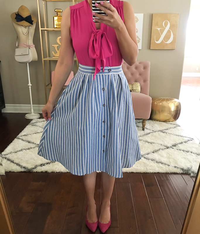 blue-striped-midi-skirt-pink-tie-neck-blouse-j-crew-everly-suede-pink-pumps